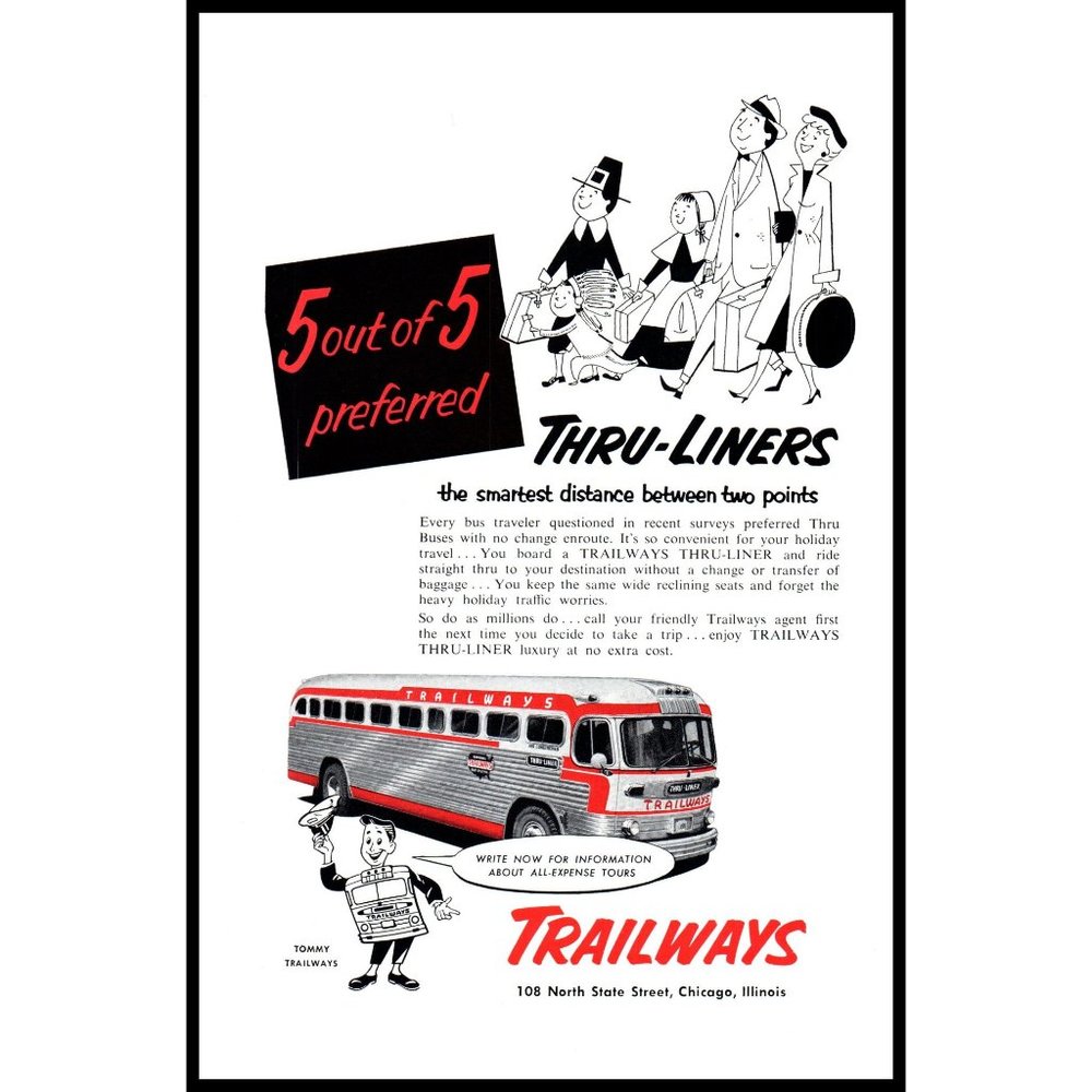 1953 Trailways Coach Bus Lines Vintage Print Ad Thanksgiving Pilgrims Indian Art